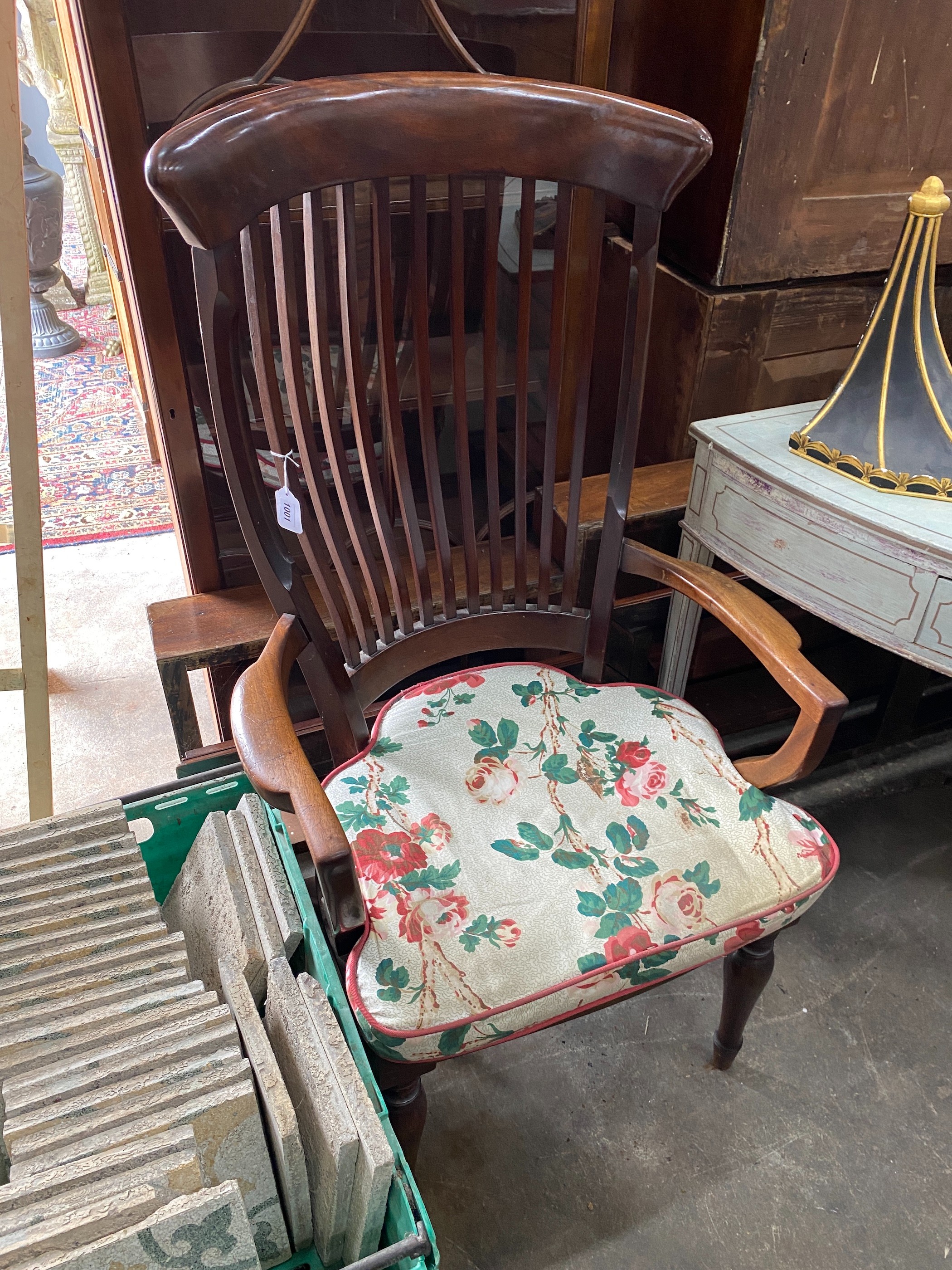 A late Victorian / Edwardian mahogany lathe back armchair with solid seat, width 63cm, depth 48cm, height 116cm